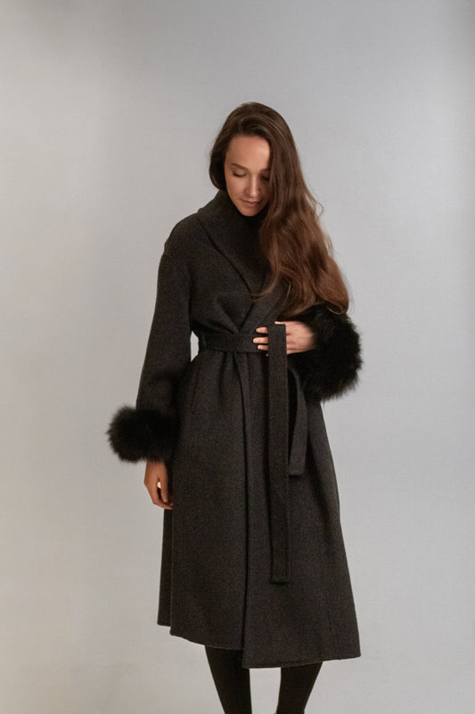 Long wool coat with natural fur cuffs