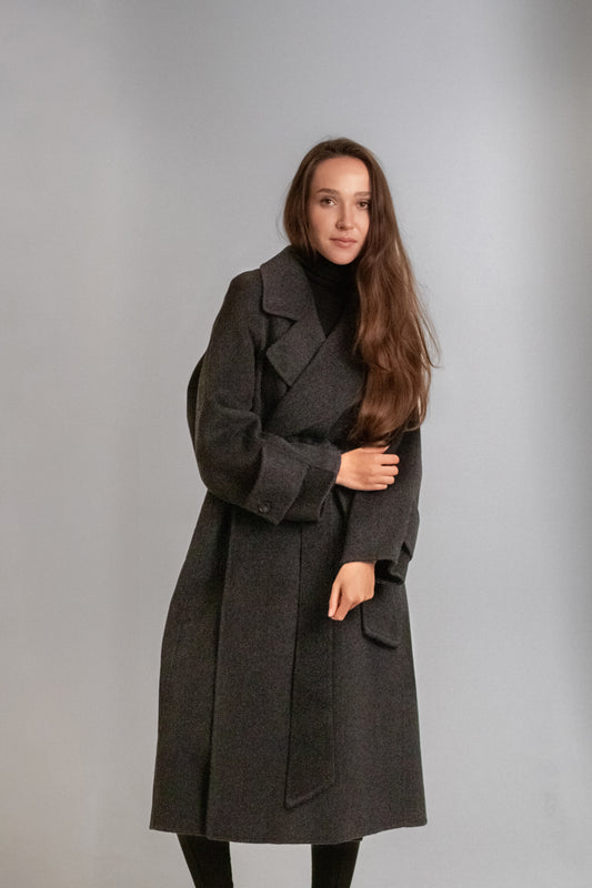 Grey long wool coat with belt