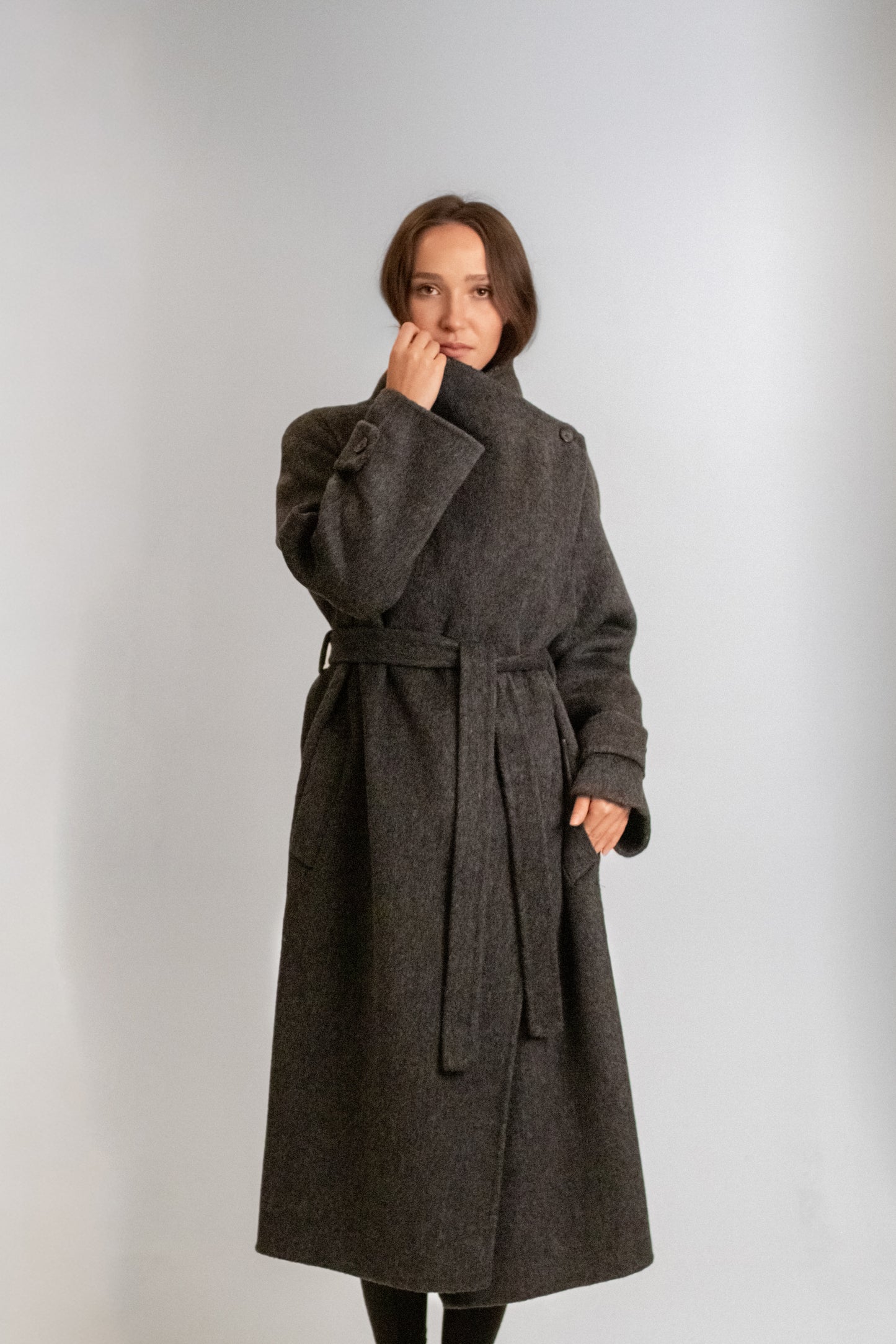 Long wool coat with high collar