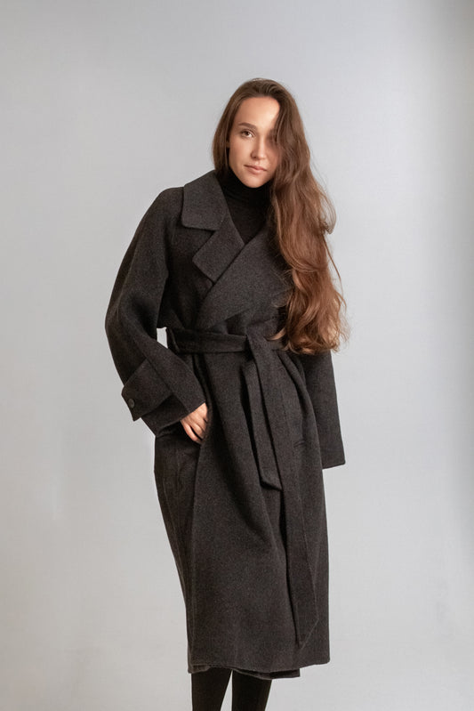 Grey long wool coat with belt