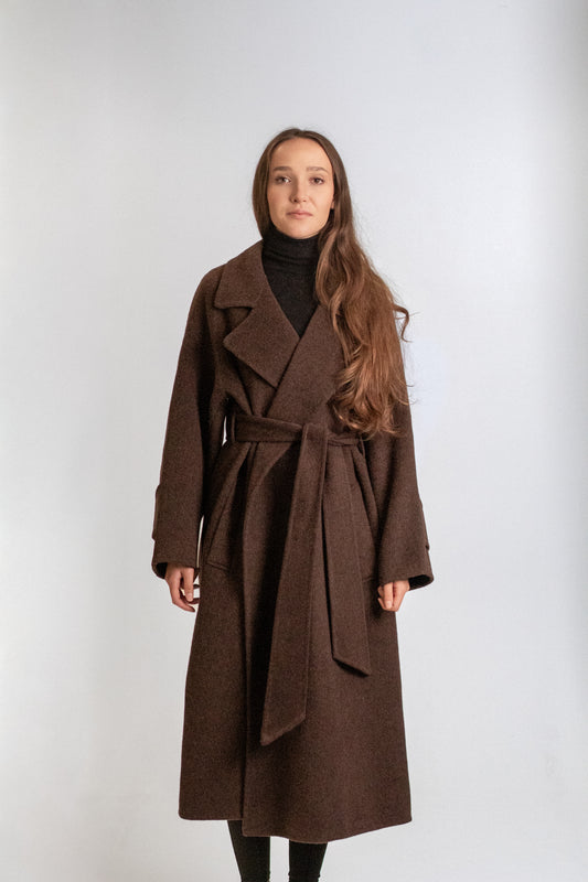 Brown long wool coat with belt
