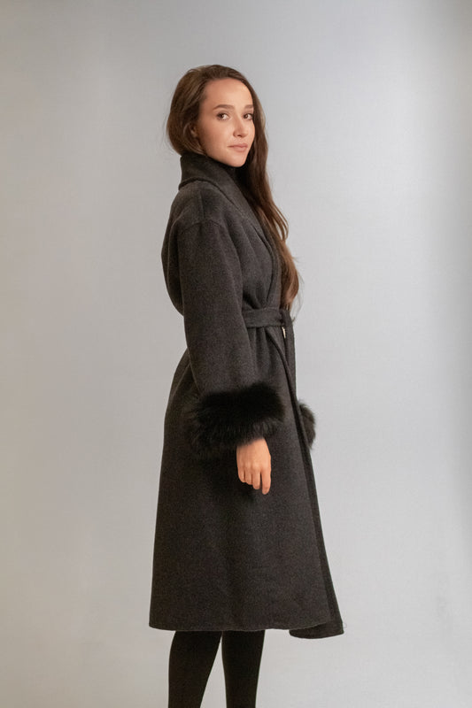 Long wool coat with natural fur cuffs