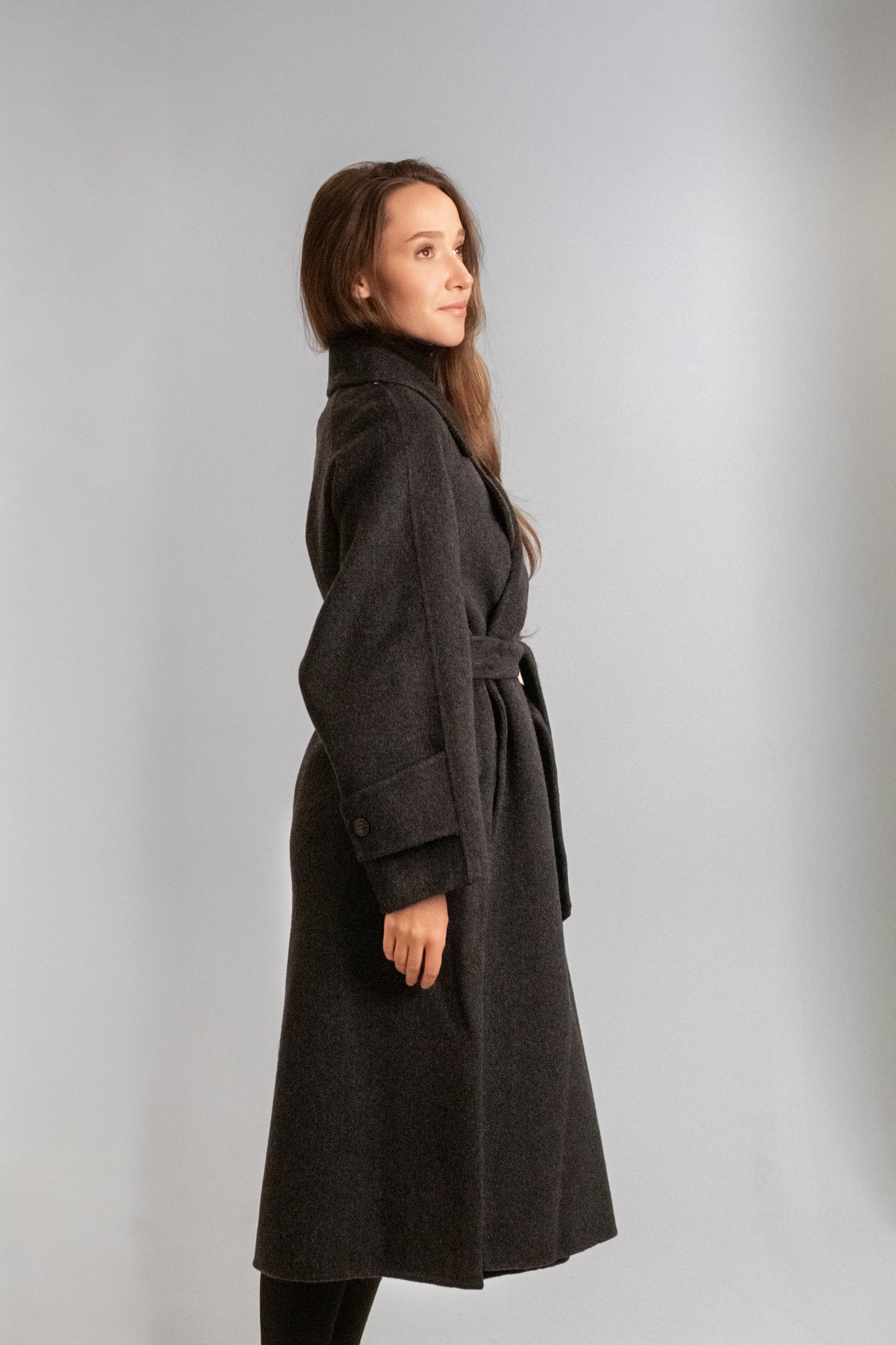 Grey long wool coat with belt