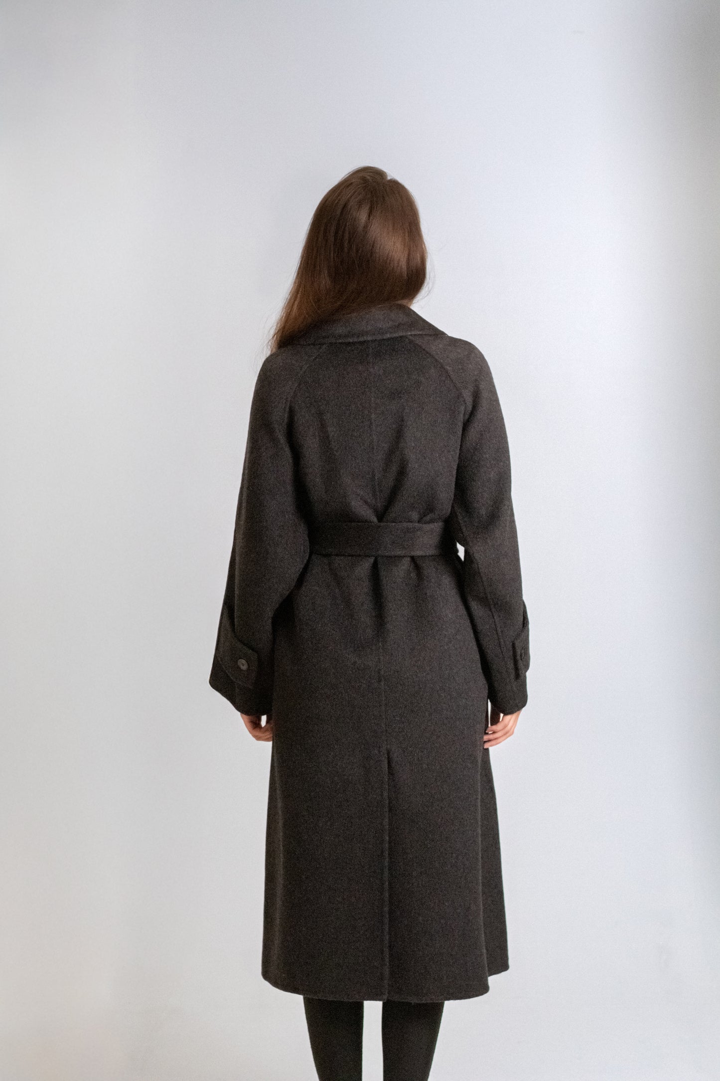 Grey long wool coat with belt