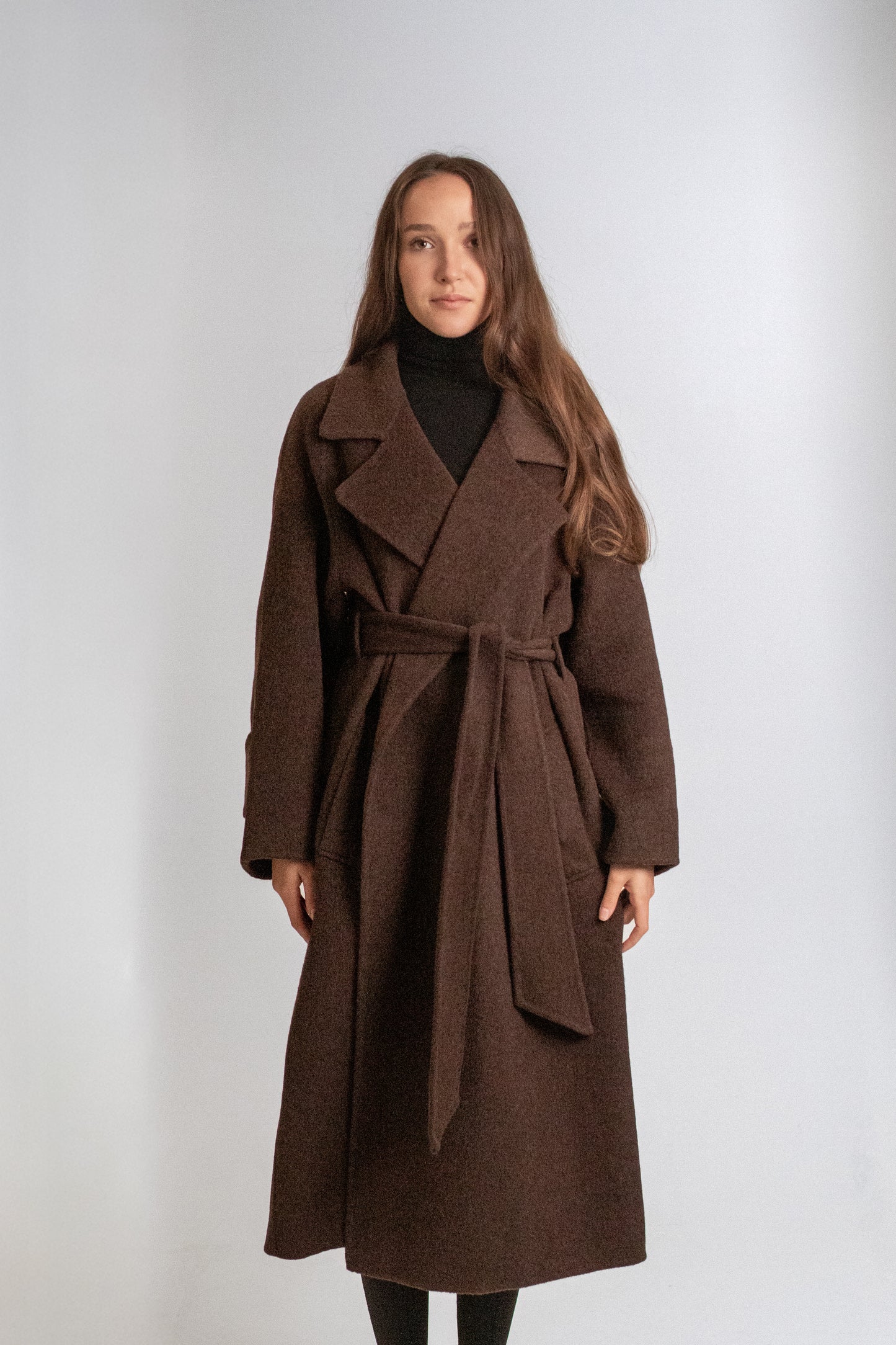 Brown long wool coat with belt