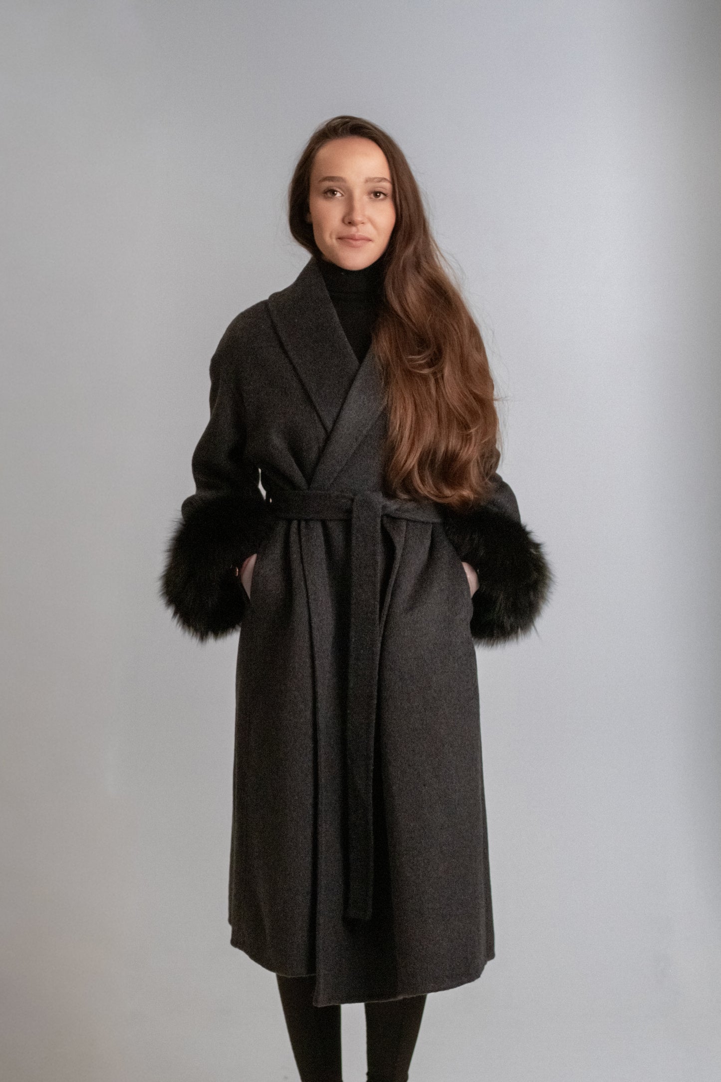 Long wool coat with natural fur cuffs