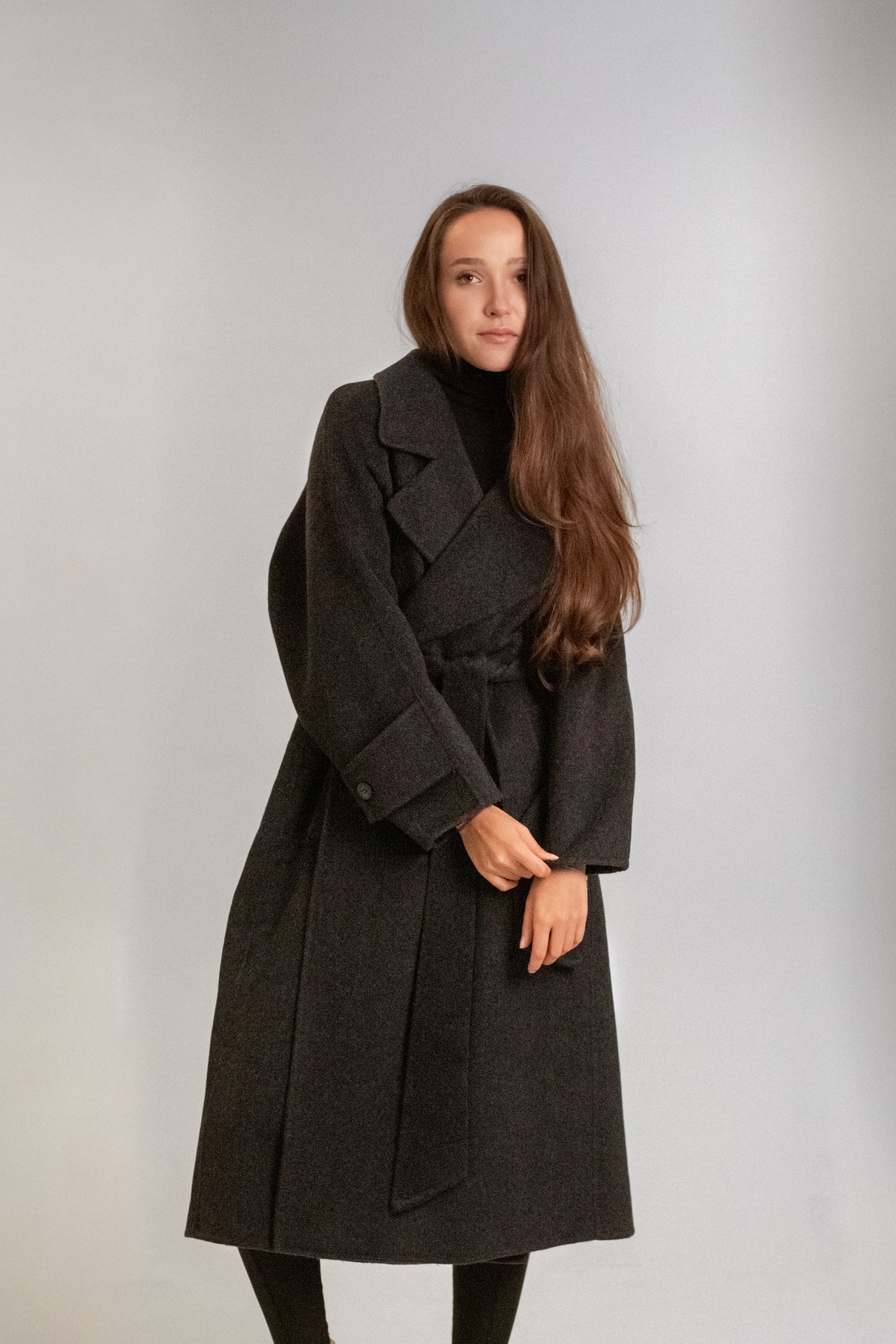 Grey long wool coat with belt