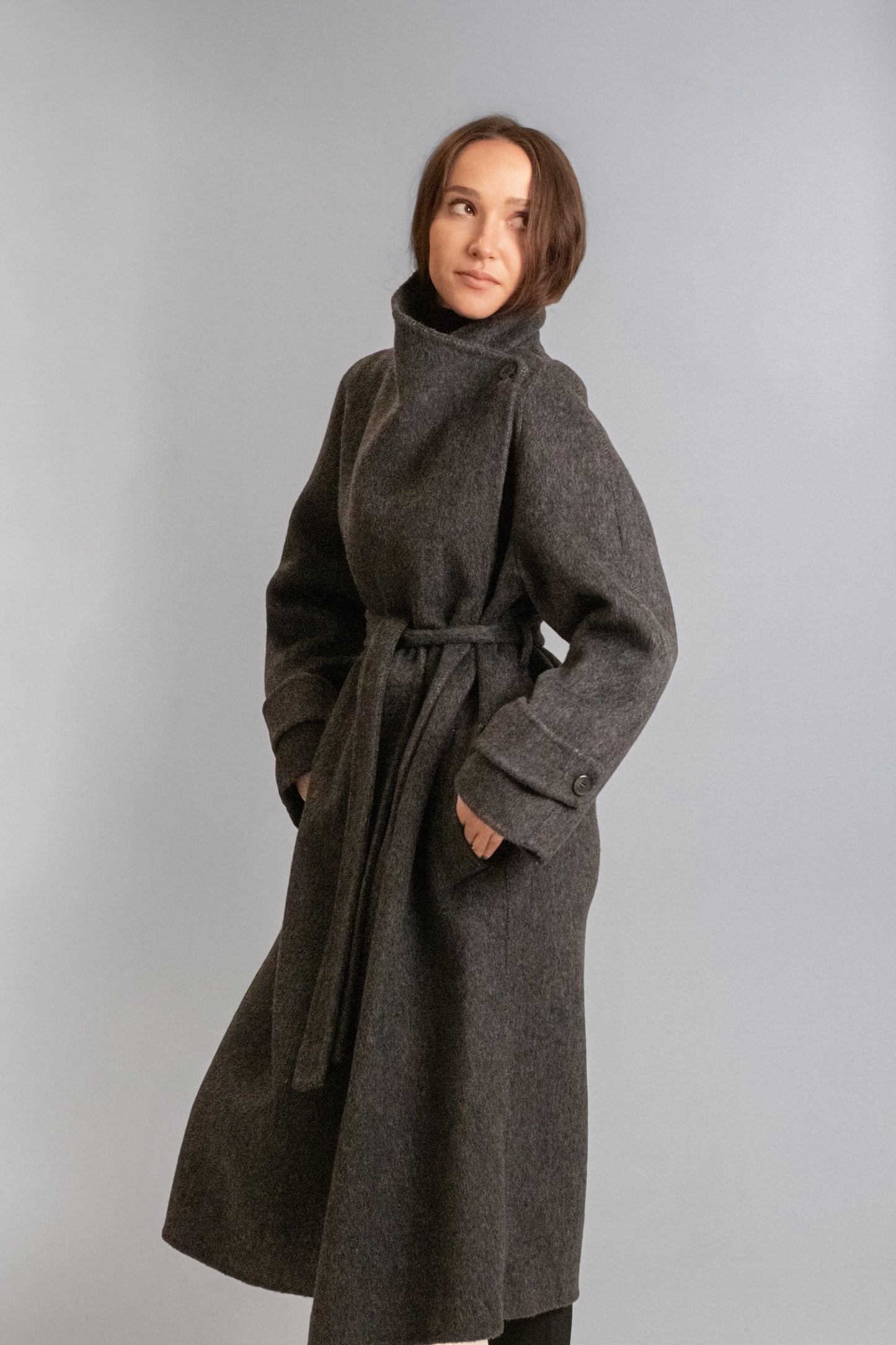 Long wool coat with high collar